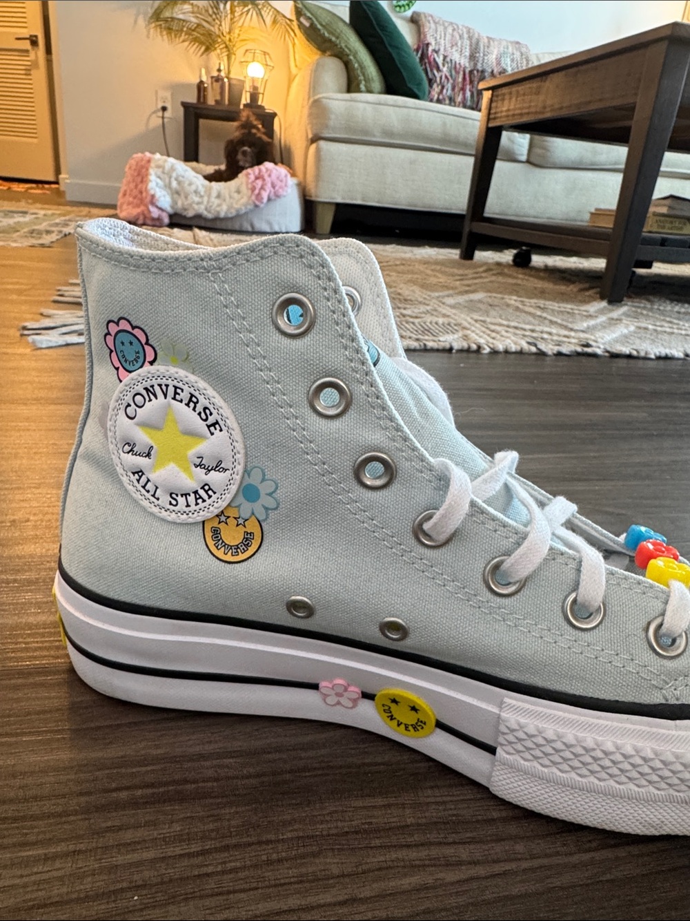 Converse High Top Sneakers in Mint with Multicolor Flower Charms - Picture 7 of 11